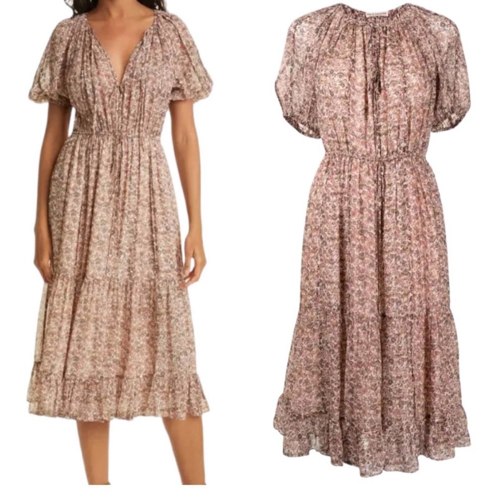 Ulla Johnson Floral Midi Dress - Pink and Brown